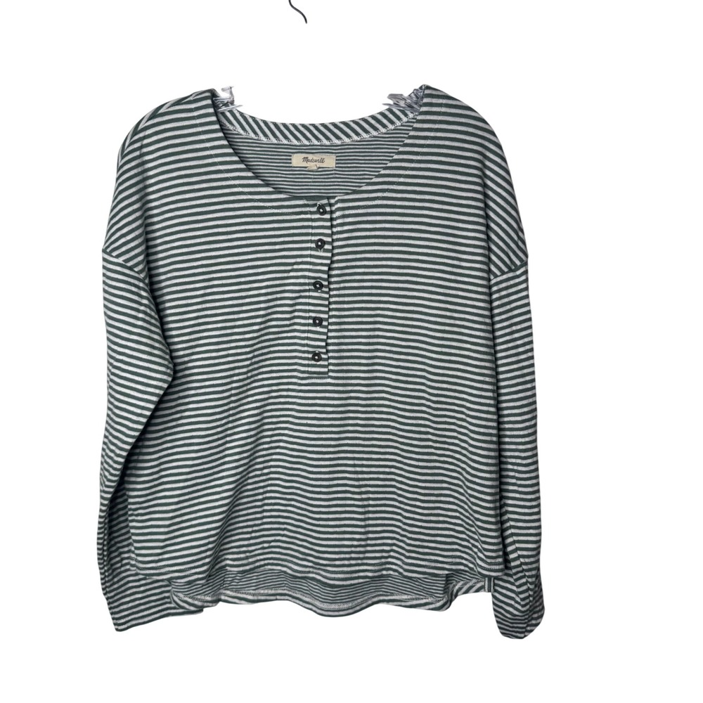 Madewell Striped Henley Long Sleeve Relaxed Fit Shirt Womens Medium‎ Green White